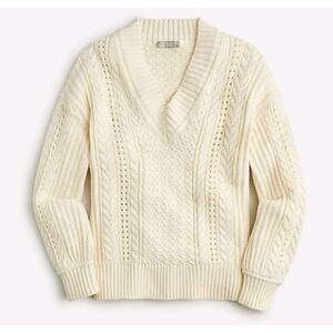 J. Crew Ivory Cotton Cable-Knit V-Neck Pullover Sweater Size Medium